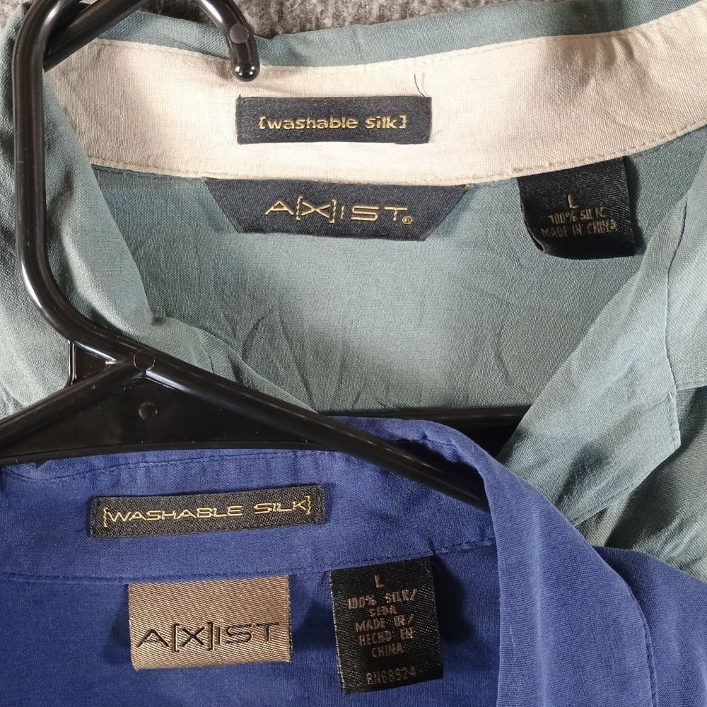 Lot of 2 Axist 100% Silk Button Up Shirts Mens L Short Sleeve Bowling Washable - Picture 2 of 15